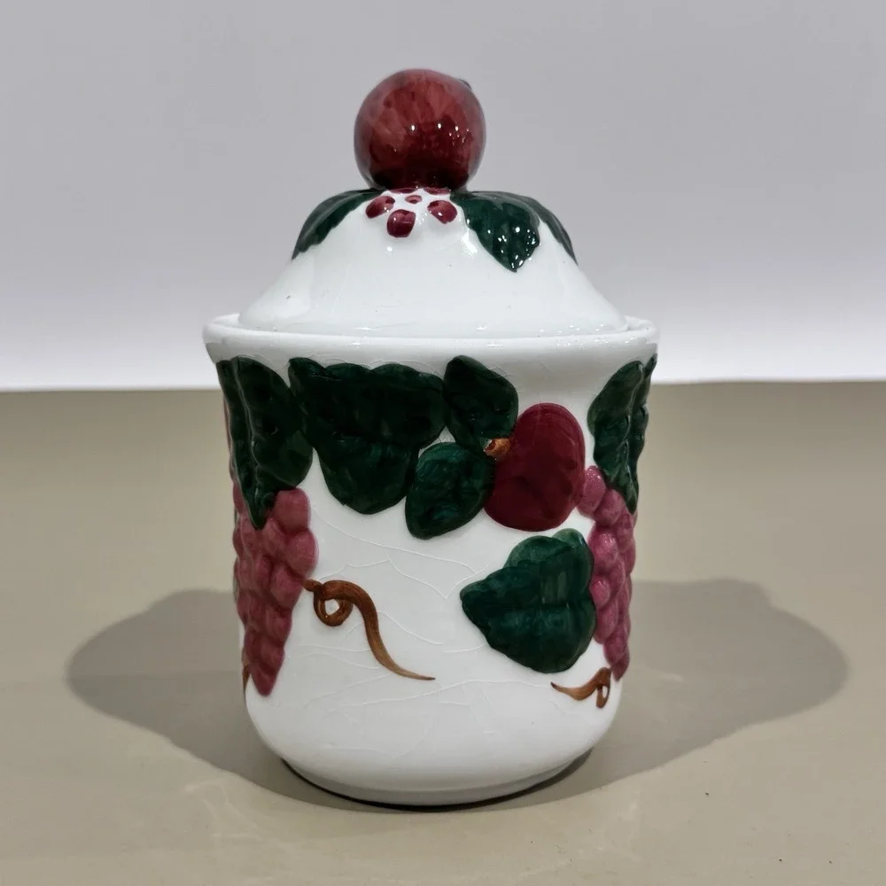 Vintage GHA‎ Small Kitchen Canister W Lid & Seal Grapes Strawberries Pattern